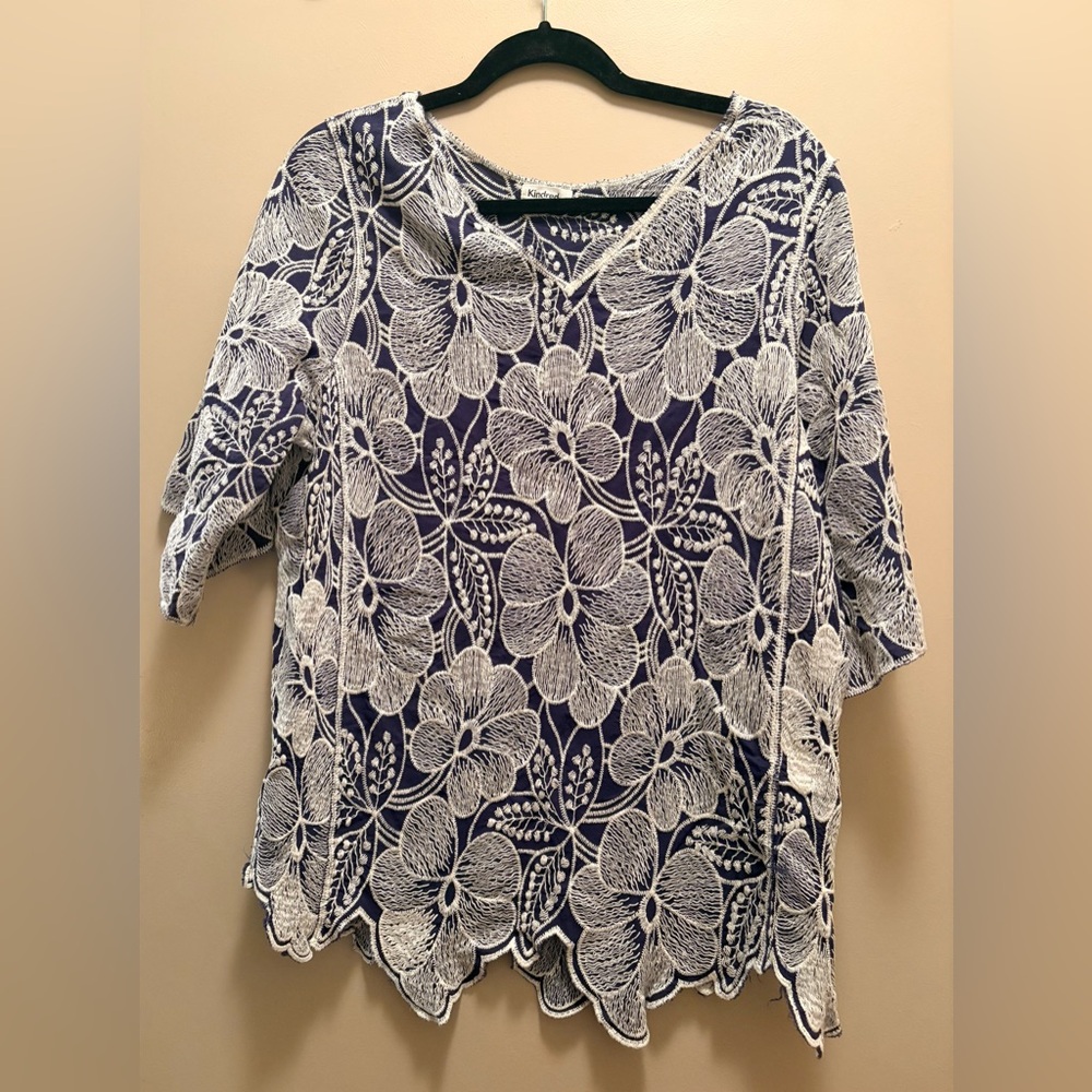 Kindred for Anthropologie- Floral Lace Women Top - Blue and White